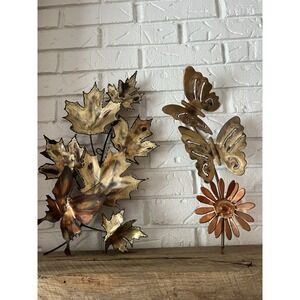 Vtg Mid-Century‎ Copper Patina Metal Maple Leaf Wall Art Sculpture Butterfly
